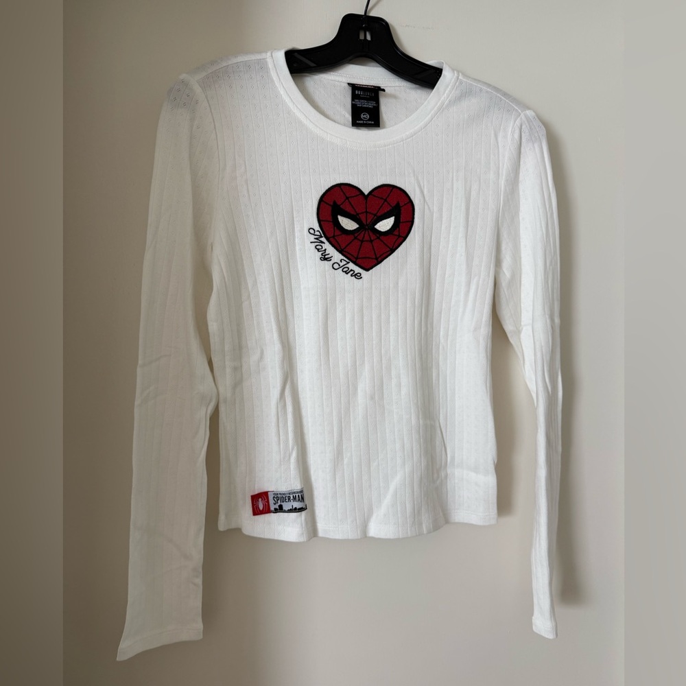 Marvel White Pointelle Spider-Man Mary Jane Heart Long Sleeve Tee